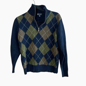 J. Crew 100% Lambswool Blue Green Argyle Henley Sweater Size Medium